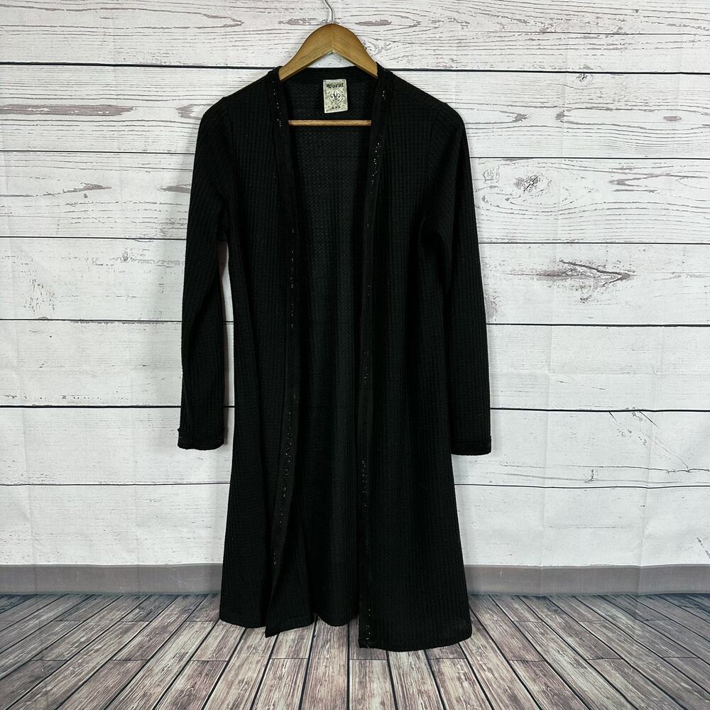 Vocal Cardigan Sweater Womens Small Black Embellished Waffle Knit Open